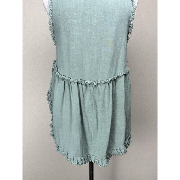 Umgee Linen Cotton Blend Sz S Boho Tank Top Green Raw Fringe Trim Beach Peasant - Picture 7 of 13